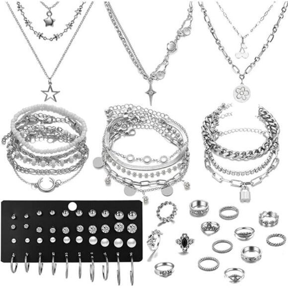 37pcs Silver Jewelry Set With 3 PCS Necklace, 14 PCS Bracelet, 7 PCS Ear Cuffs - Picture 7 of 7